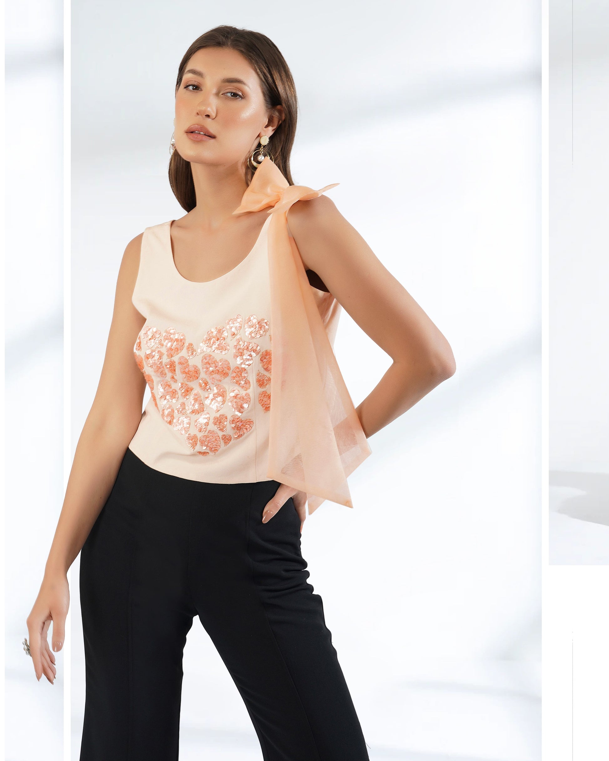 Sleeveless Crop Top | Top with Bow | Embroidered Top | Sequin Top | Pe