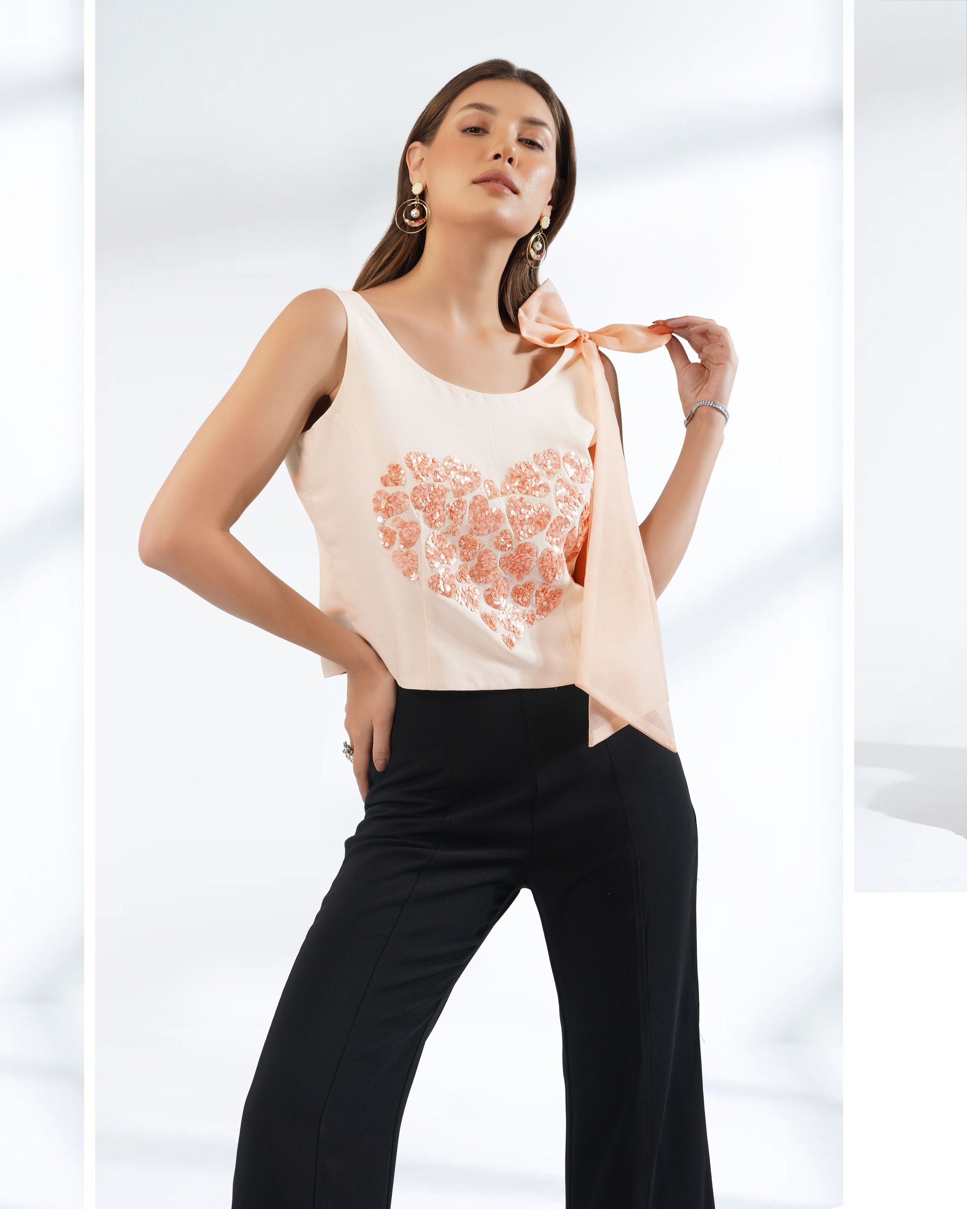Sleeveless Crop Top | Top with Bow | Embroidered Top | Sequin Top | Pe