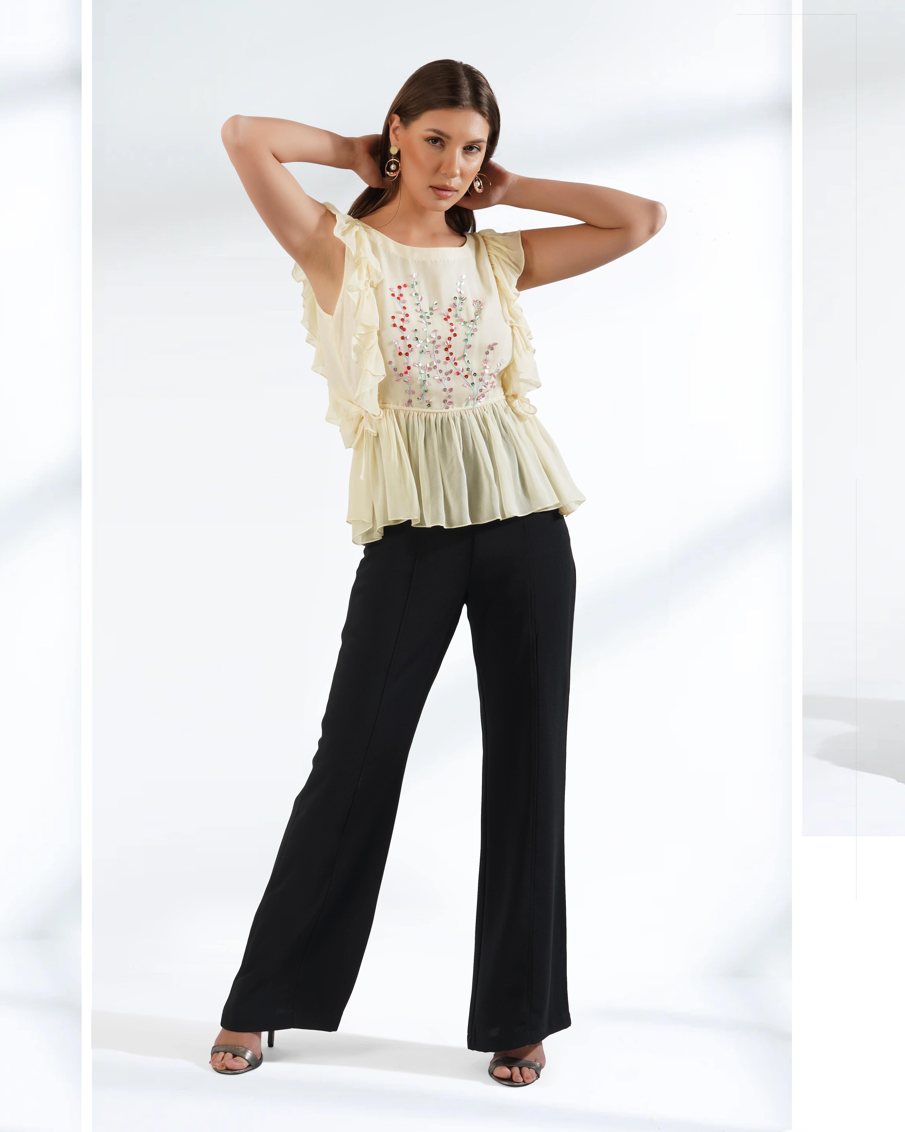Georgette Peplum Top | Top with Frills | Embroidered Top | Sequins Top