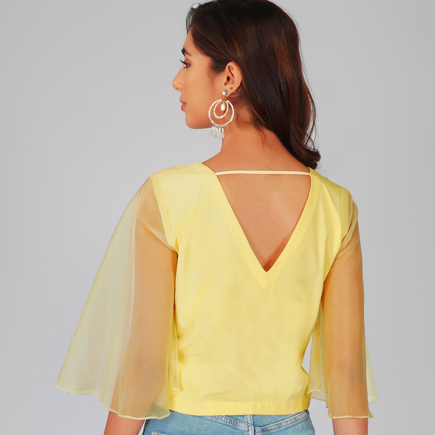 Lemon Yellow Crop Top with Hand Embroidered Sequins Floral Design