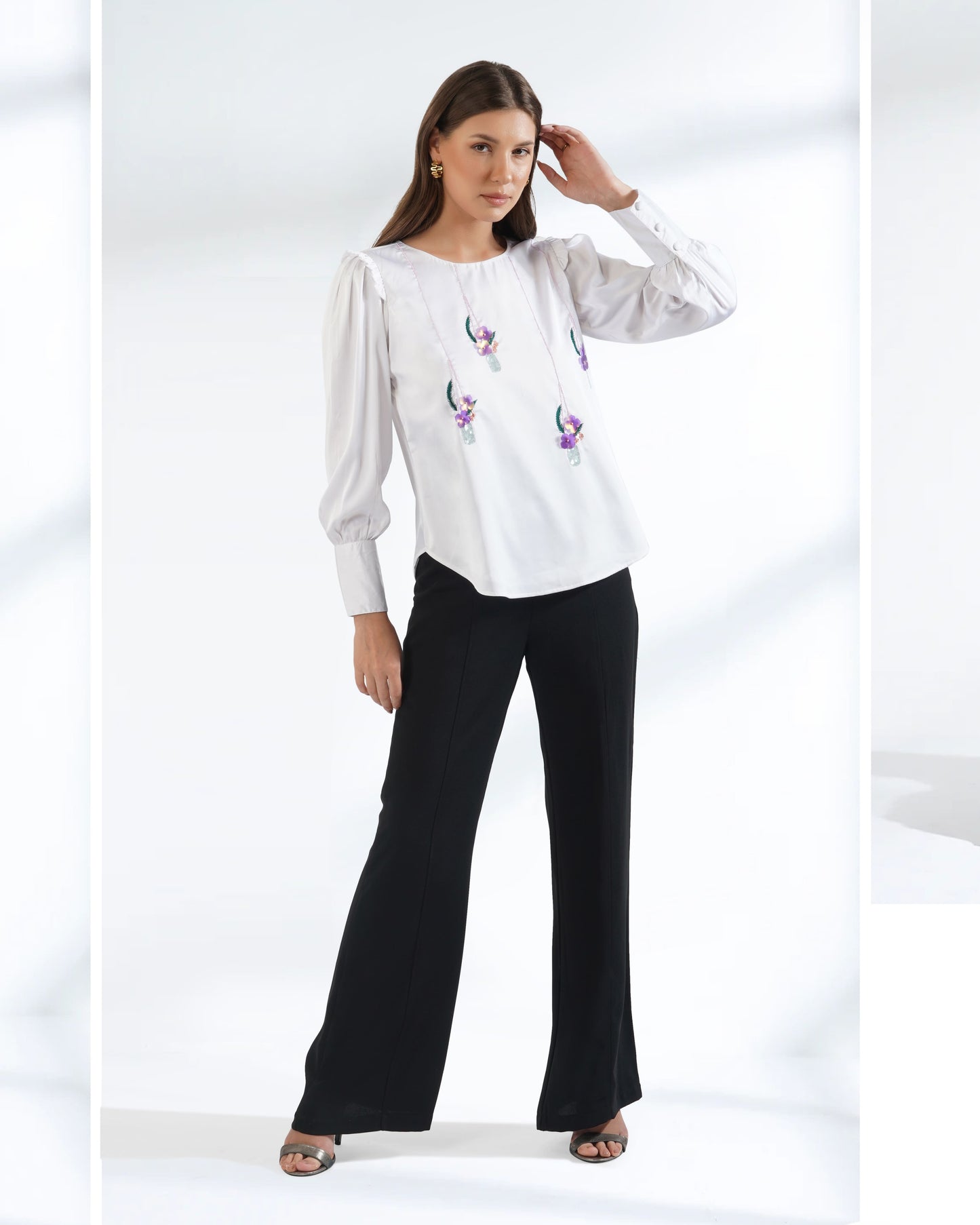 Satin Top | Embroidered Top | Sequin Top | Loose Fit Top | Puff Sleeve