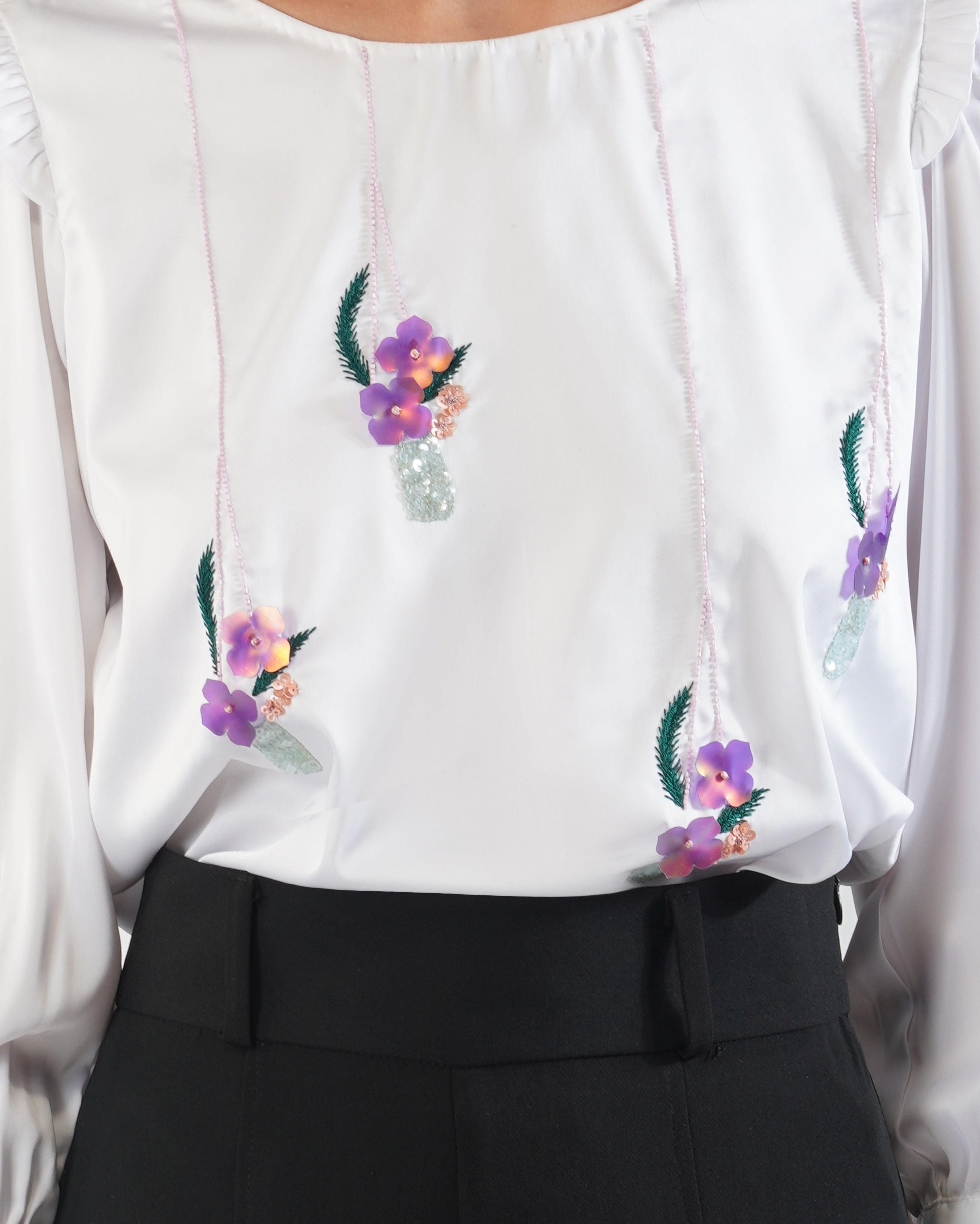 Satin Top | Embroidered Top | Sequin Top | Loose Fit Top | Puff Sleeve