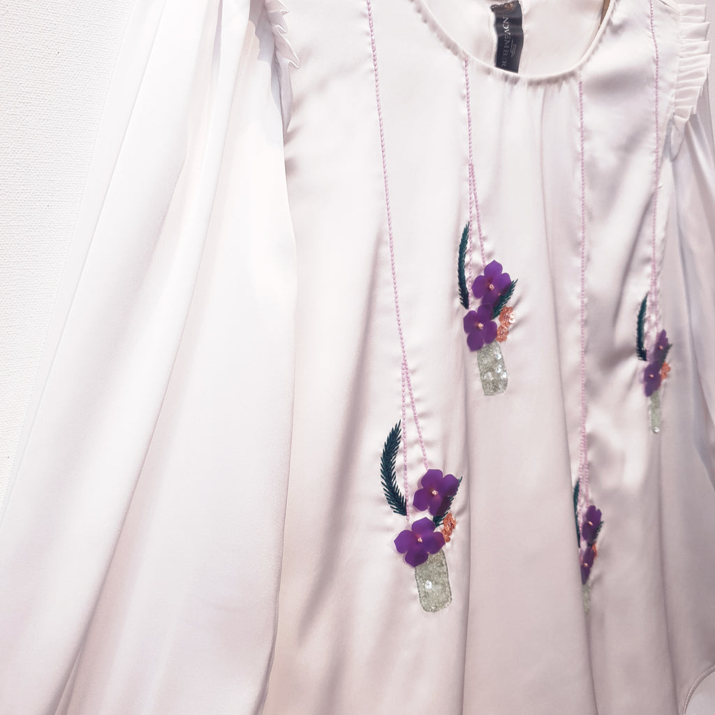 Satin Top | Embroidered Top | Sequin Top | Loose Fit Top | Puff Sleeve