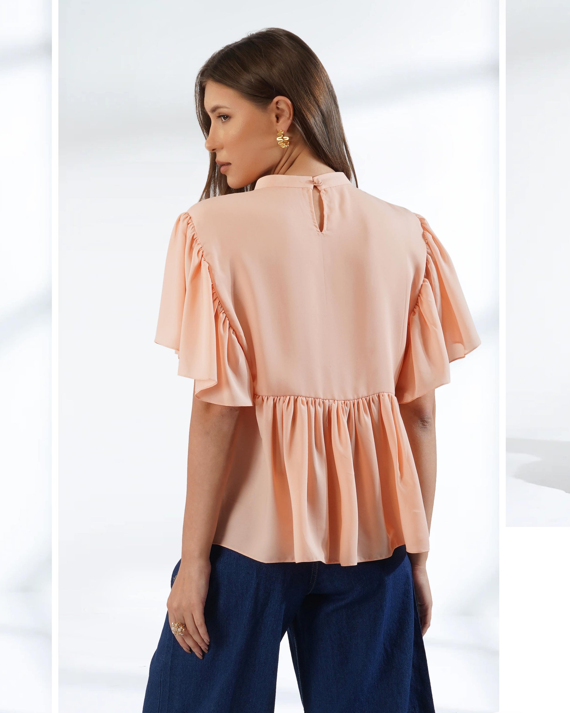 Peach Top | Frill Top | Embroidered Top | Georgette Top | Loose Style 
