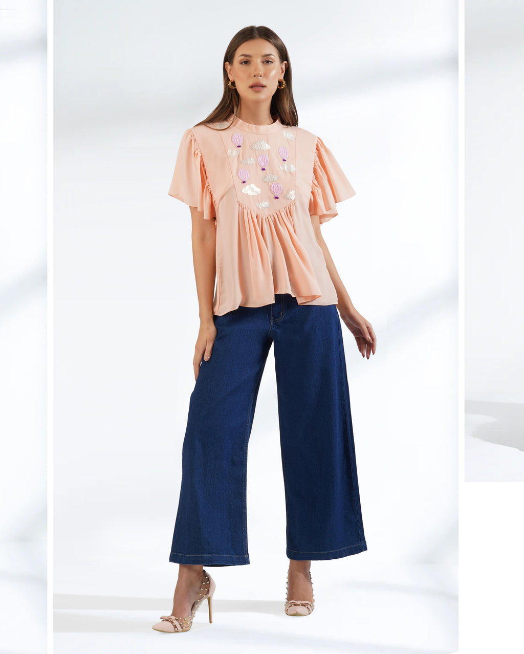 Peach Top | Frill Top | Embroidered Top | Georgette Top | Loose Style 