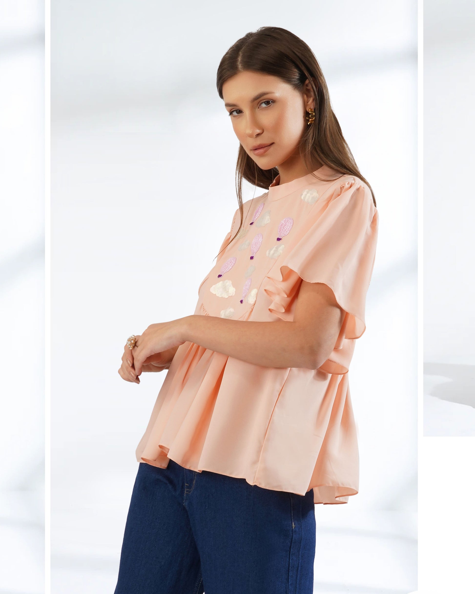 Peach Top | Frill Top | Embroidered Top | Georgette Top | Loose Style 