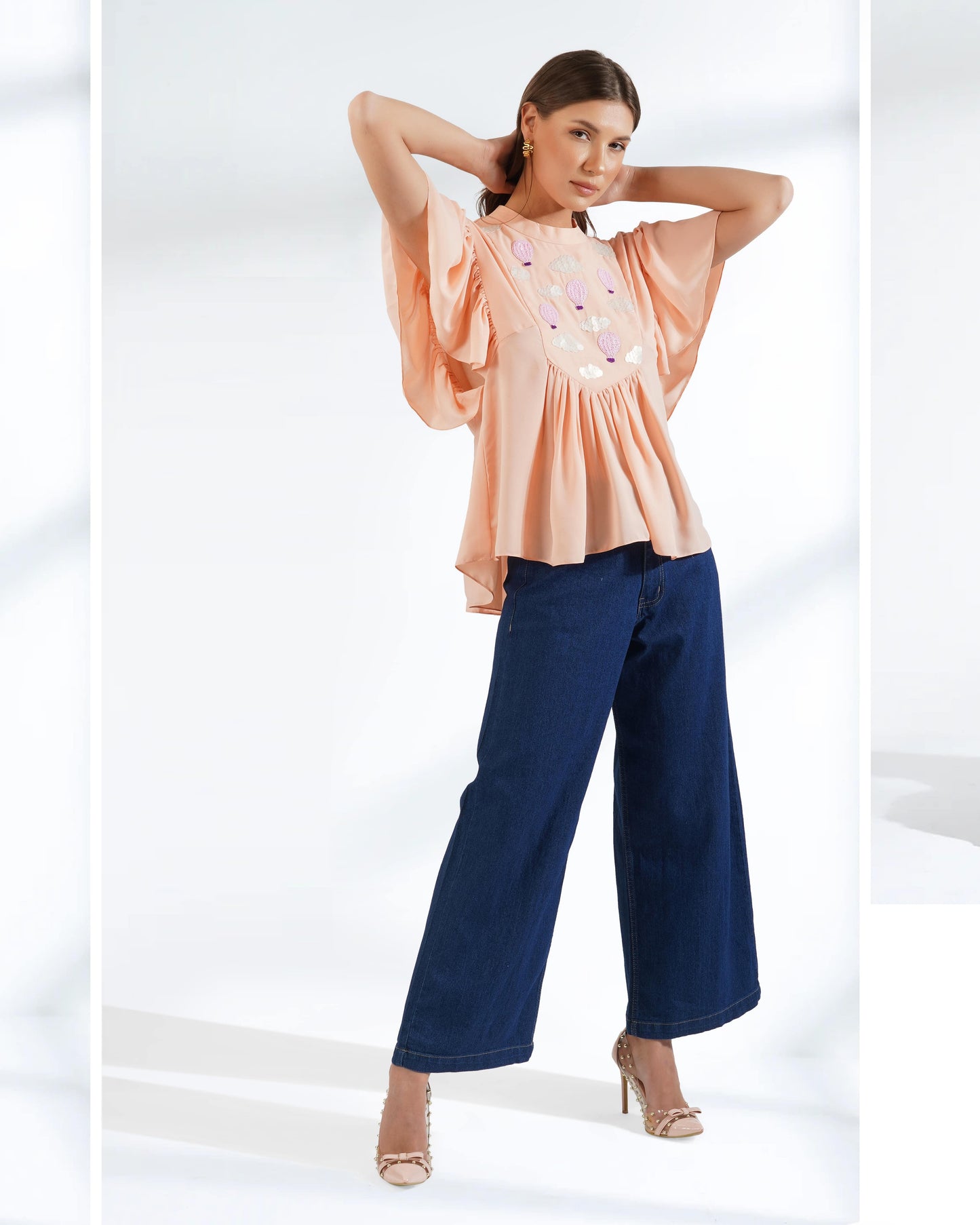 Peach Top | Frill Top | Embroidered Top | Georgette Top | Loose Style 