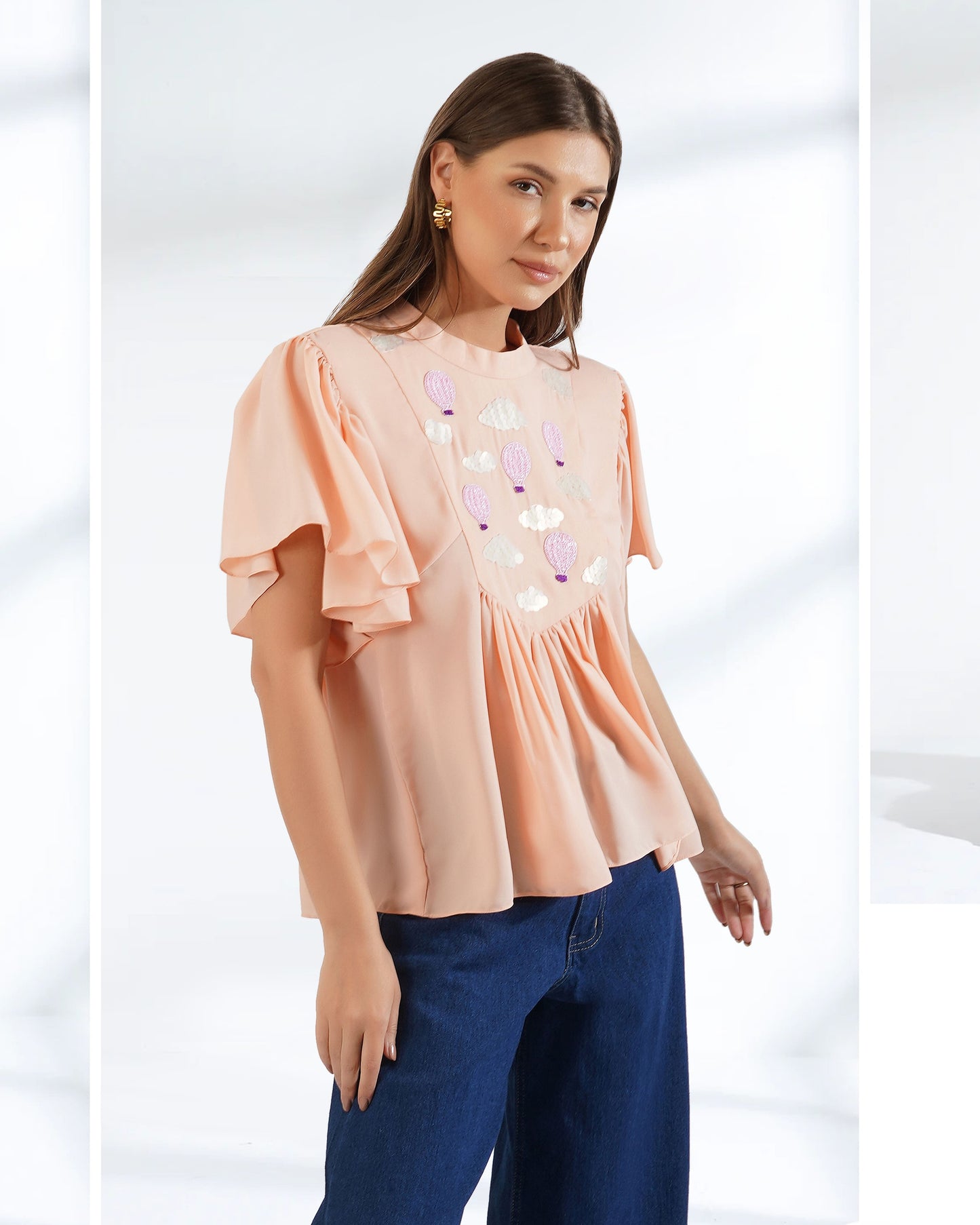 Peach Top | Frill Top | Embroidered Top | Georgette Top | Loose Style 