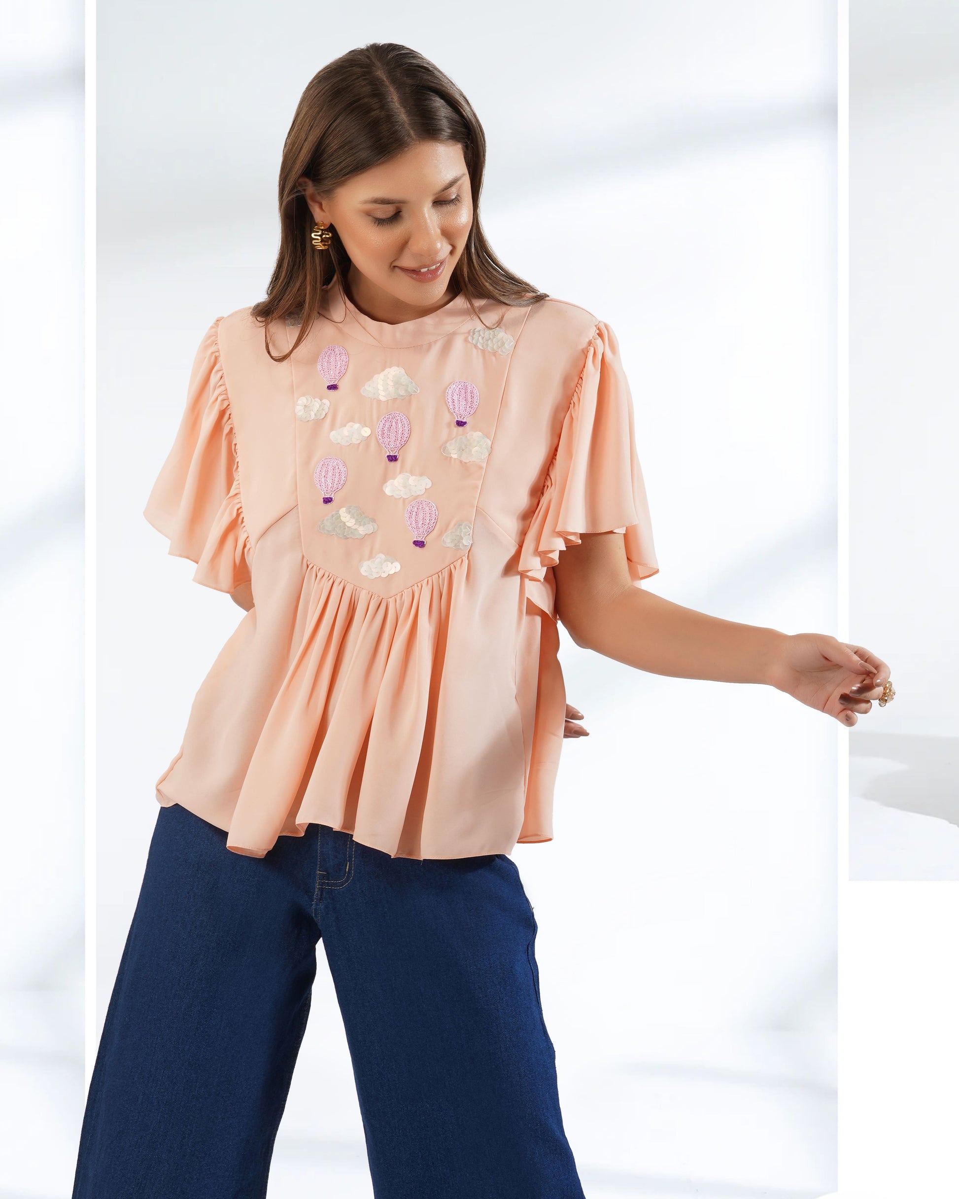 Peach Top | Frill Top | Embroidered Top | Georgette Top | Loose Style 