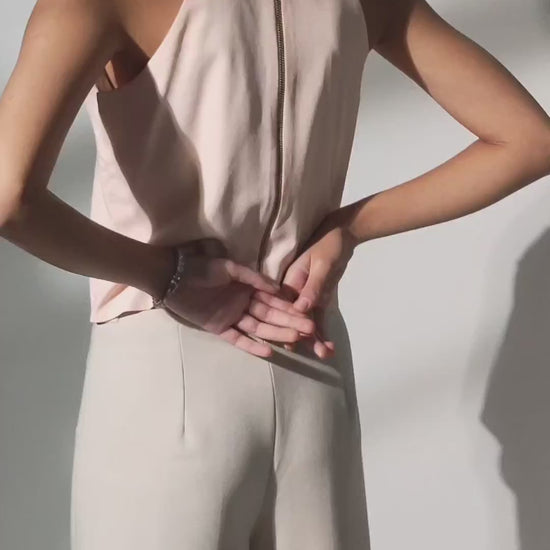 Peach-Colored Halter Crop Top with Star Shaped Sea Green Sequin Embroidery