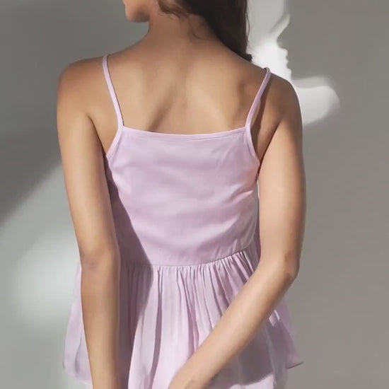 Lavender Satin Top with Hand-Embroidered Sequin Hearts and Peplum Details