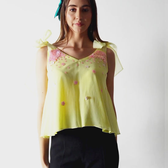 Yellow Halter Top with pink sequin and tie-up bow detail