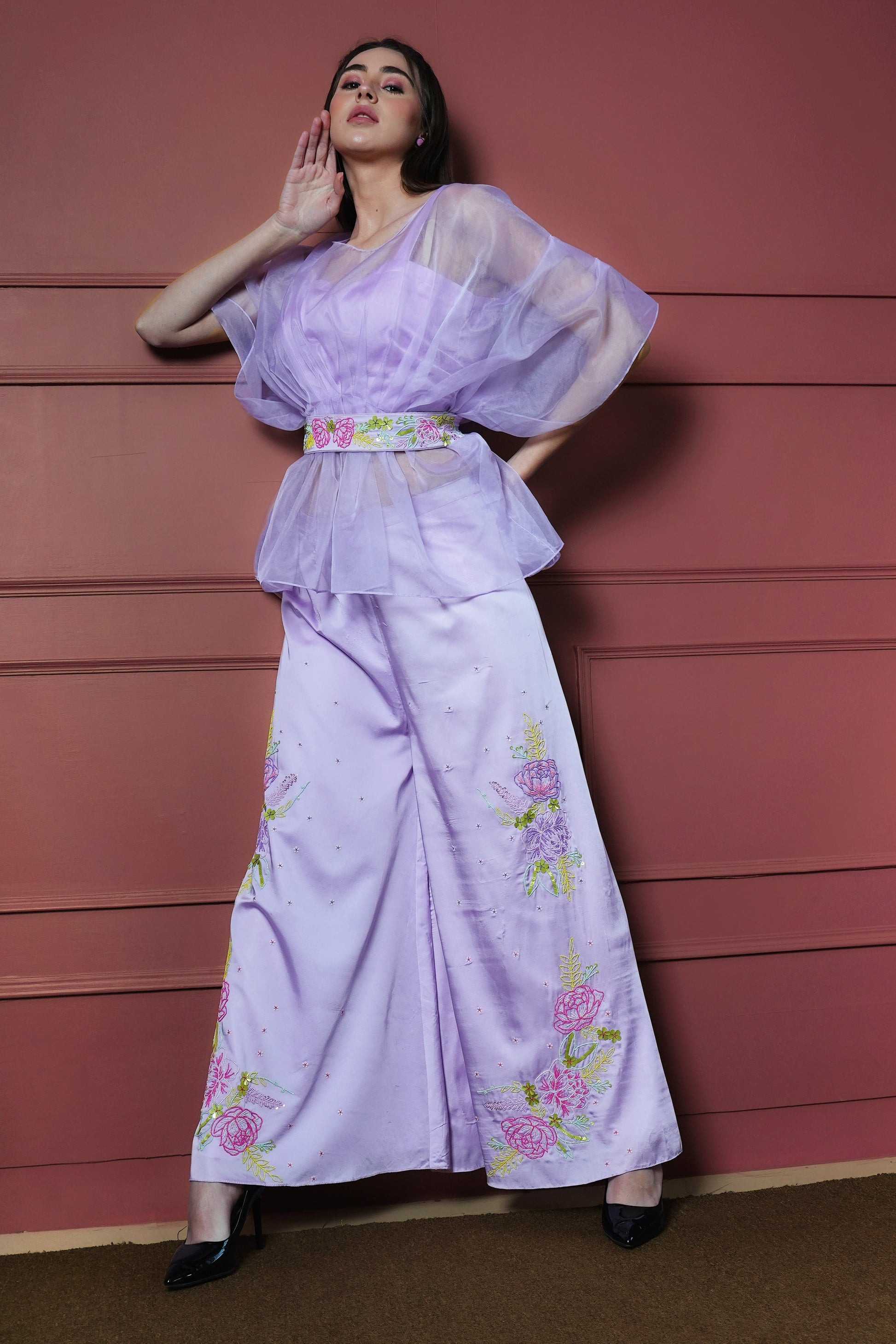 Lavender Co-ord Set with Hand-Embroidered Floral Design