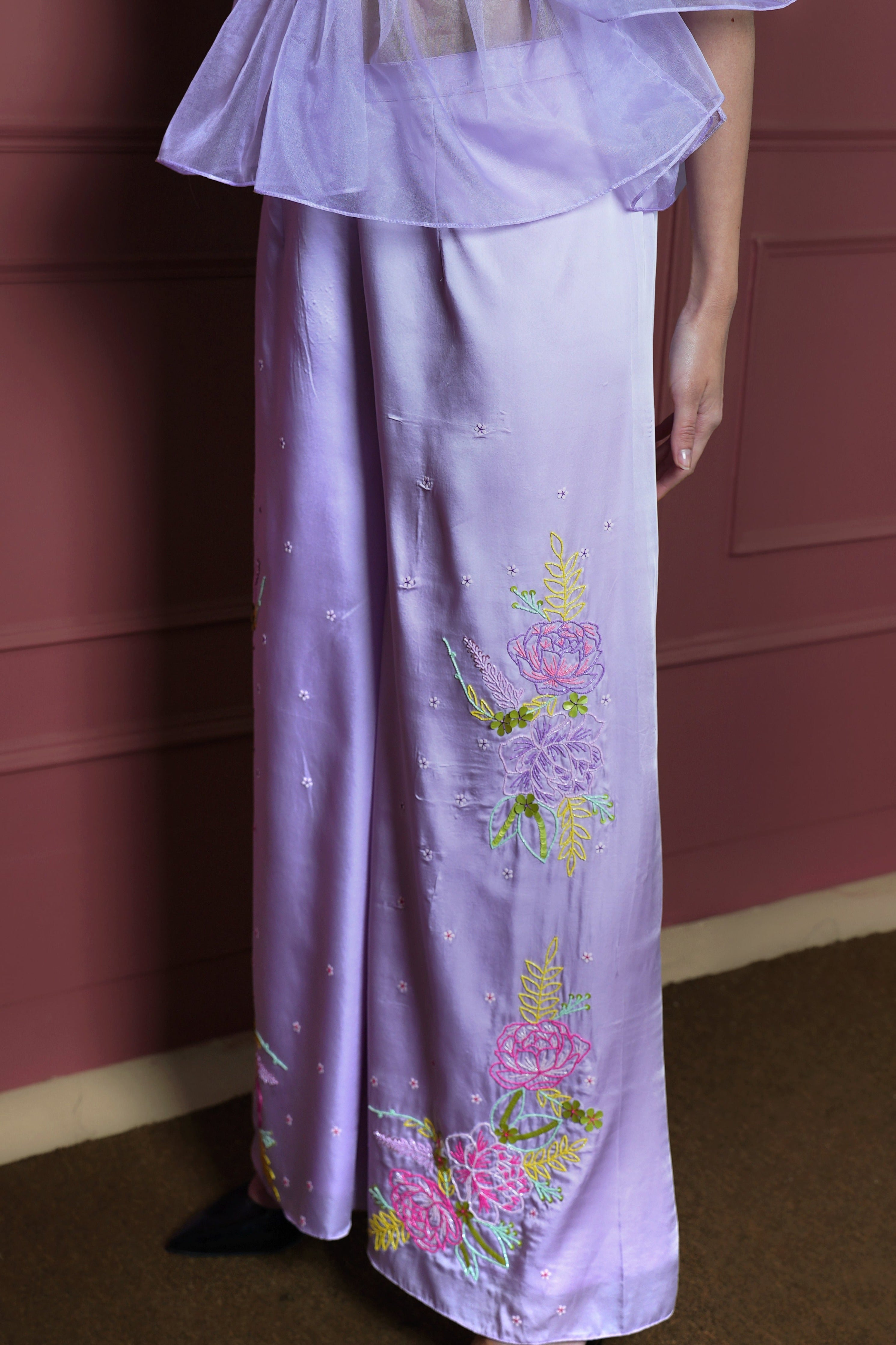 Lavender Co-ord Set with Hand-Embroidered Floral Design