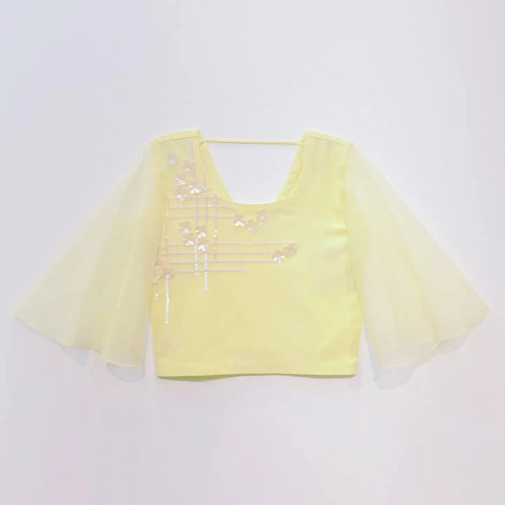Lemon Yellow Crop Top with Hand Embroidered Sequins Floral Design