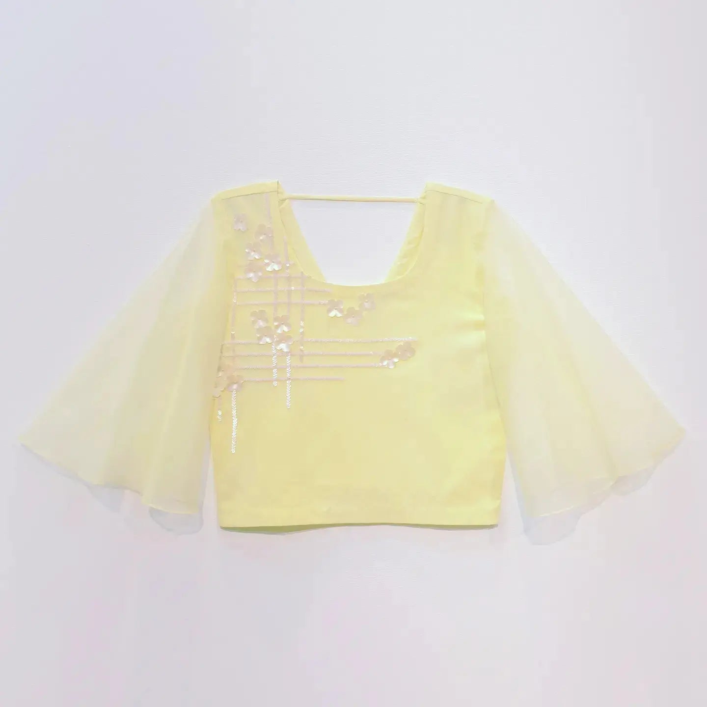 Lemon Yellow Crop Top with Hand Embroidered Sequins Floral Design