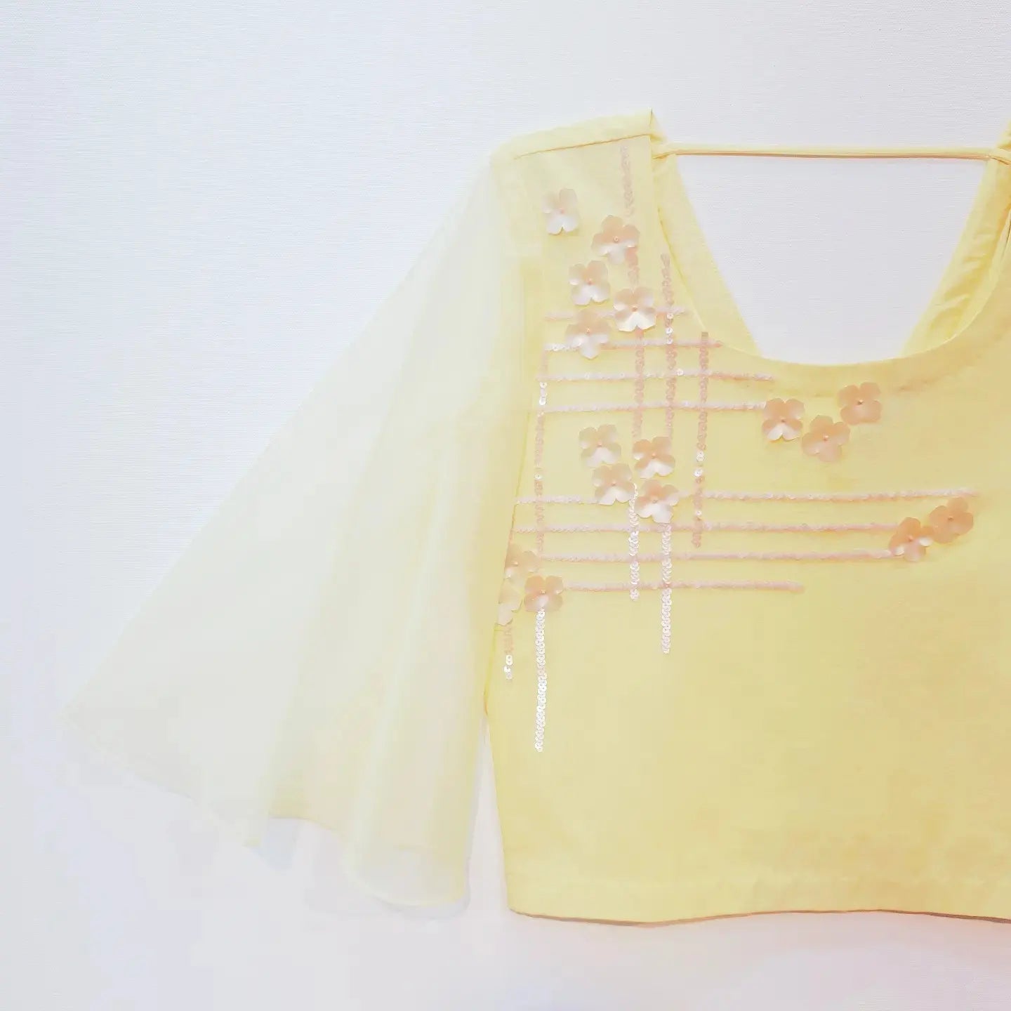 Lemon Yellow Crop Top with Hand Embroidered Sequins Floral Design