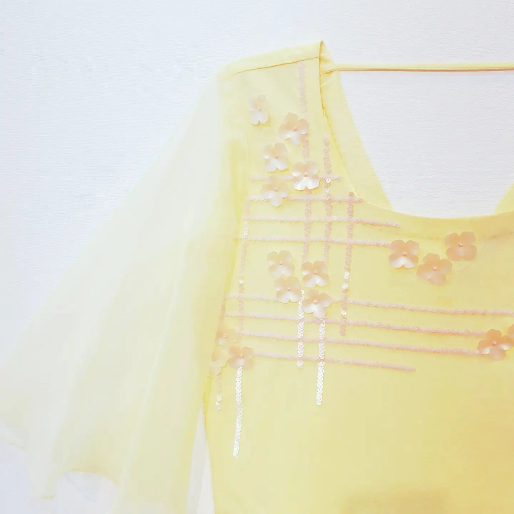 Lemon Yellow Crop Top with Hand Embroidered Sequins Floral Design