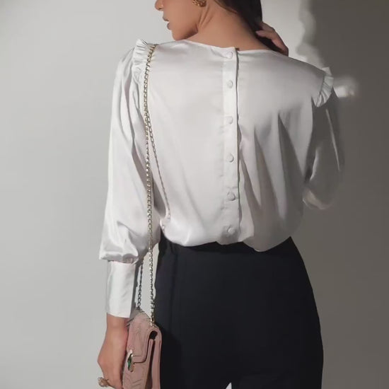 Hand Embroidered White Satin Top with Sequin Bottles and Flowers