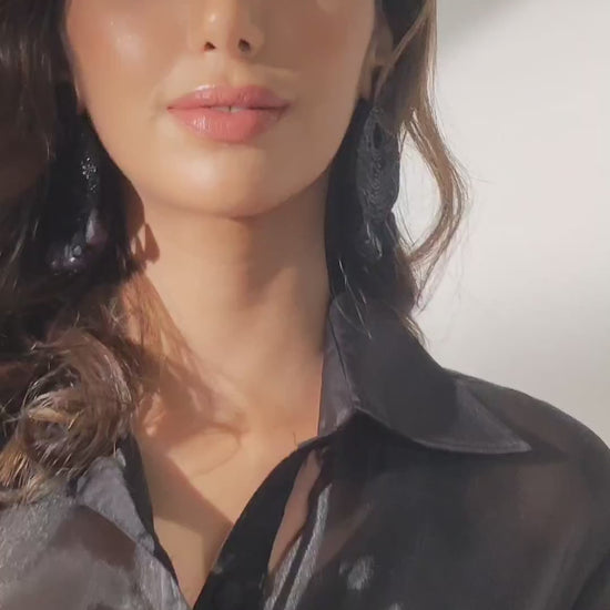 Black Organza Shirt with Hand-Embroidered Peach Sequin Flowers and Yellow Bead Buds